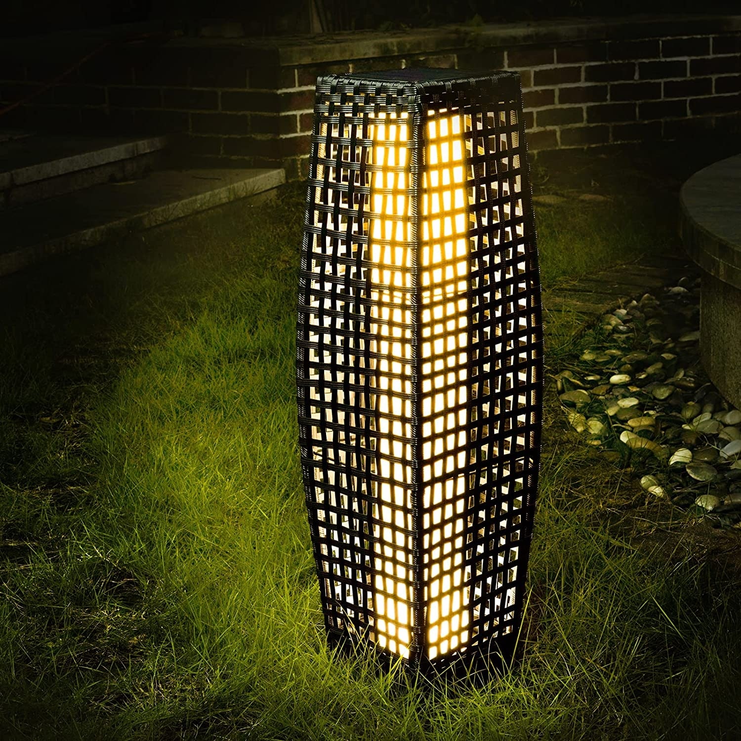 Outdoor Floor Lamp Large Sized Solar Powered Rattan Light Weather Resistant Rattan Floor Lamp for Patio Deck and Garden