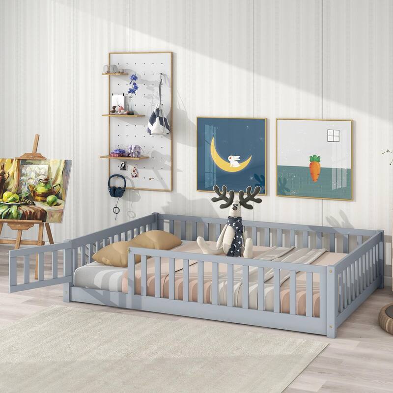 Floor Bed with Fence and Door, Rubber Wood Floor Bed with Safety Guardrails