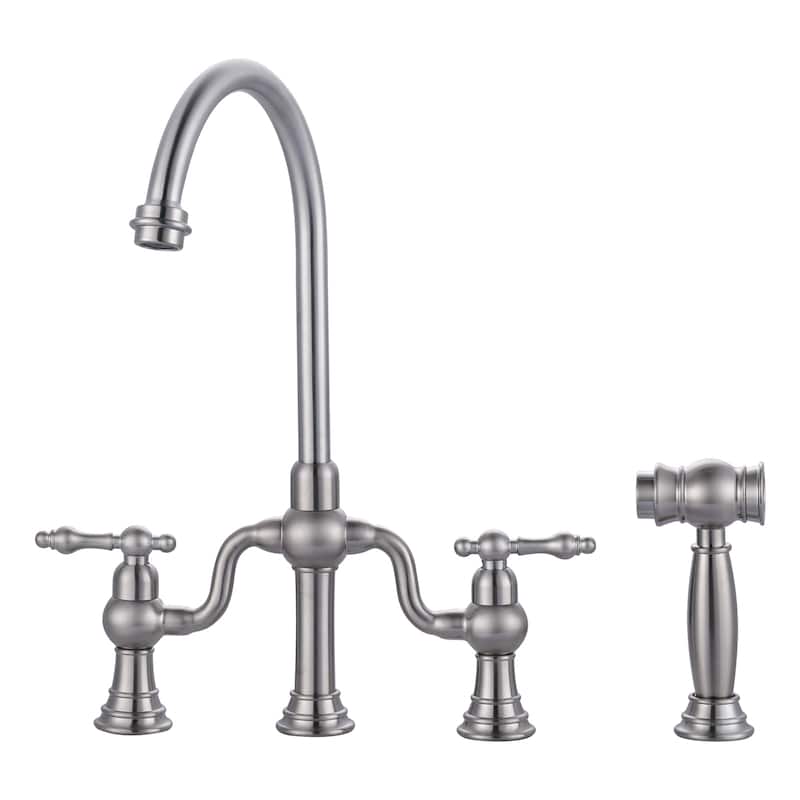 WOWOW Double Handle High Arc Bridge Kitchen Faucet with Side Sprayer - Brushed Nickel