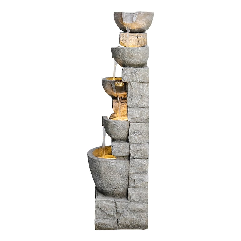 5 Tiered Bowls Outdoor Water Fountain with LED Lights for Garden Decor