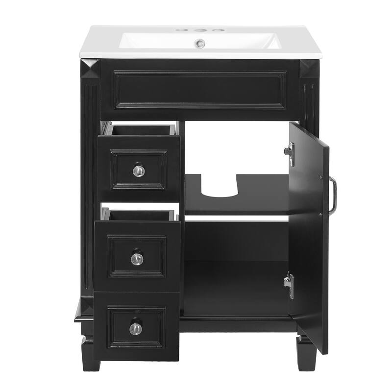 24" Bathroom Vanity With Ceramic Sink, Small Bathroom Sink Cabinet, Modern Cabinet With 2 Drawers And Adjustable Shelf