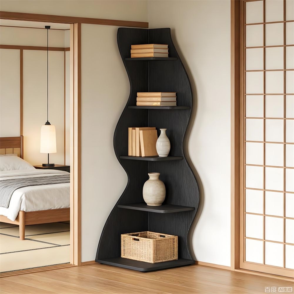 Wave shaped corner shelves, modern corner bookshelves, bookcases, display stands, and plant racks are suitable for small spaces