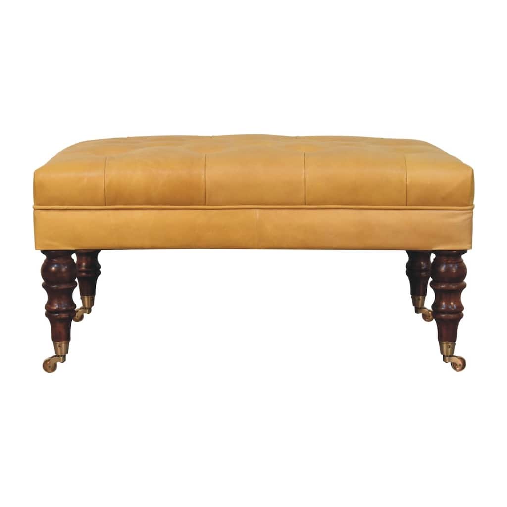 Artisan Furniture Solid Wood Honey Caramel Buffalo Ash Black Leather Ottoman with Castor Legs