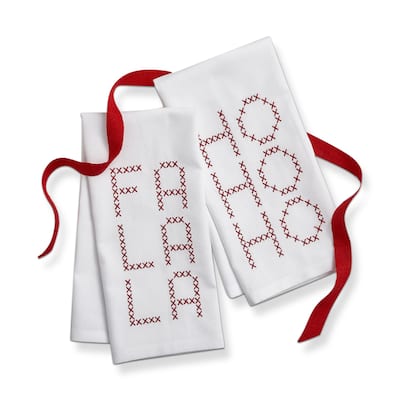 Ho Ho Ho & Fa La La White Red Embroidered Cross Stitch Design Set of 2 Cotton Guest Towels , 22L x 16.0W
