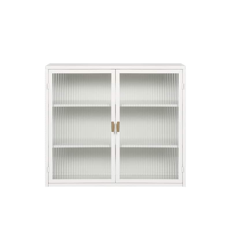 Modern White Wall Cabinet with Fluted Glass Doors and Three-Tier Storage for Entryway, Bathroom, or Living Room