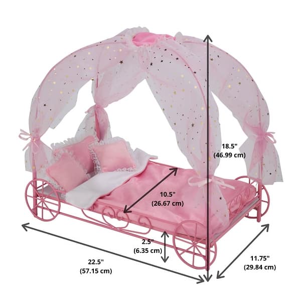Badger Basket Royal Carriage Metal Doll Bed with Canopy, Bedding and LED Lights - Pink/White/Stars - 22.5" x 11.75" x 18.5"