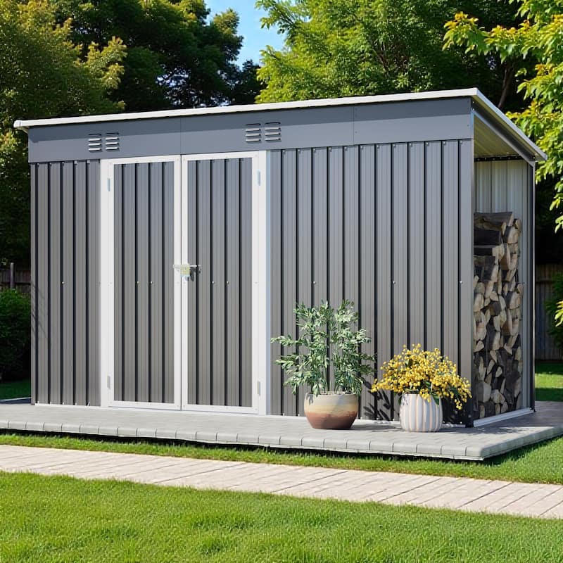 10'x4' Outdoor Steel Storage Shed with Lockable Door and Floor Frame, Metal Tool Shed Grey