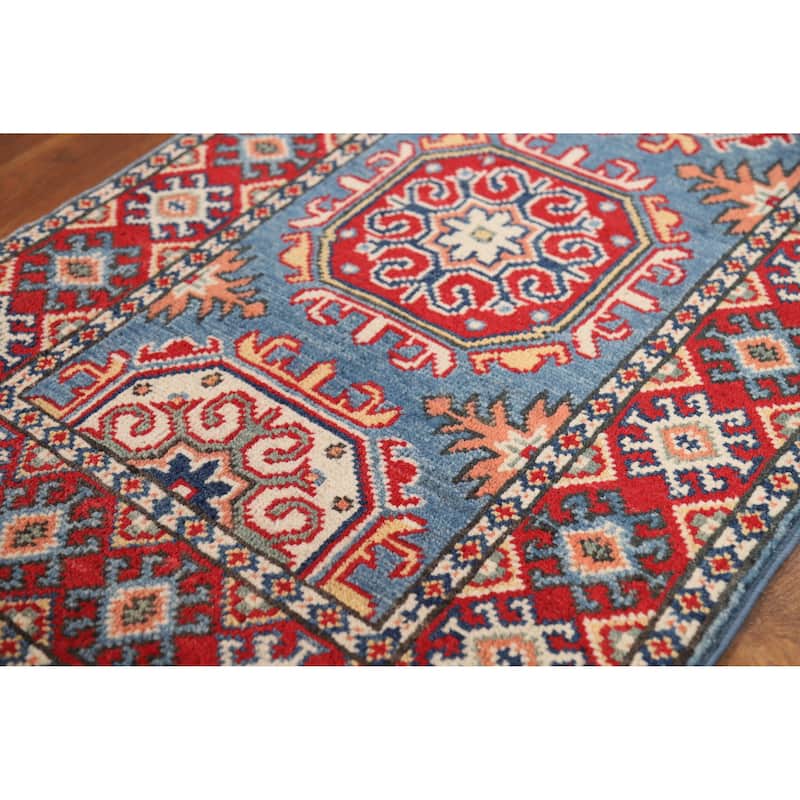 Blue Geometric Kazak Oriental Foyer Rug Handmade Wool Carpet - 2'0"x 3'0"