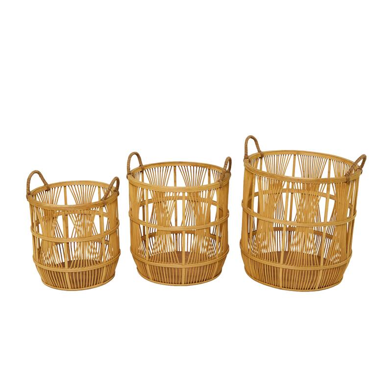 Brown Wood Handmade Storage Basket with Handles (Set of 3) - 19", 17", 15"H