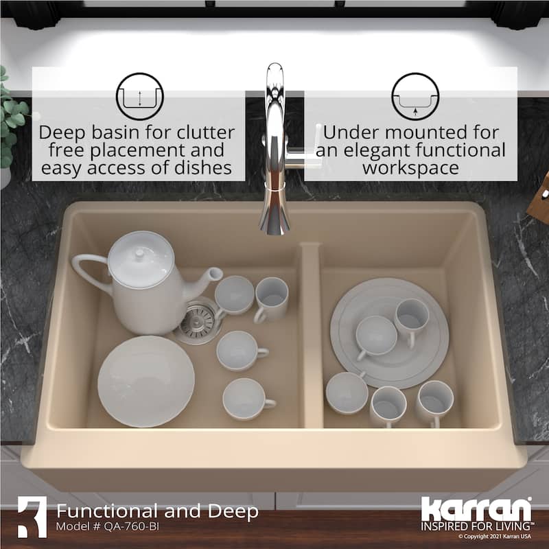 Karran Farmhouse/Apron-Front Quartz Double Bowl Kitchen Sink Kit
