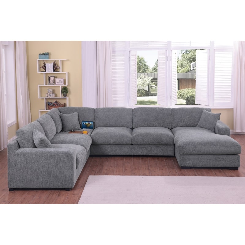 Celine 128"W Light Gray Chenille Fabric Corner Sectional Sofa with Right-Facing Chaise, Cupholders, and Charging Ports