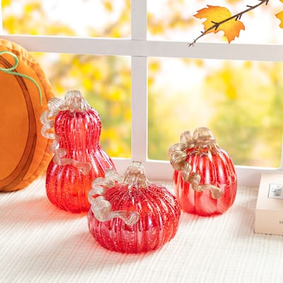 Glitzhome Set of 3 Fall Harvest Red Glass Pumpkin & Gourd with Glitter Thanksgiving Decorating