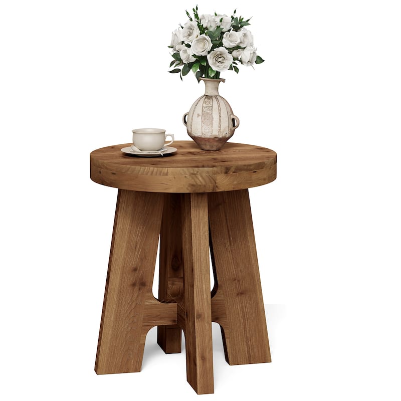 Round Solid Wood End Table, Couch Side Bedside Accent Table for Bedroom Living Room