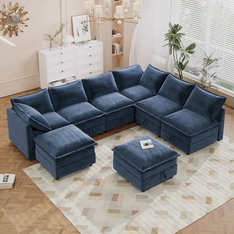 126" Polyester Modular Sectional Sofa Bed with Storage - Blue