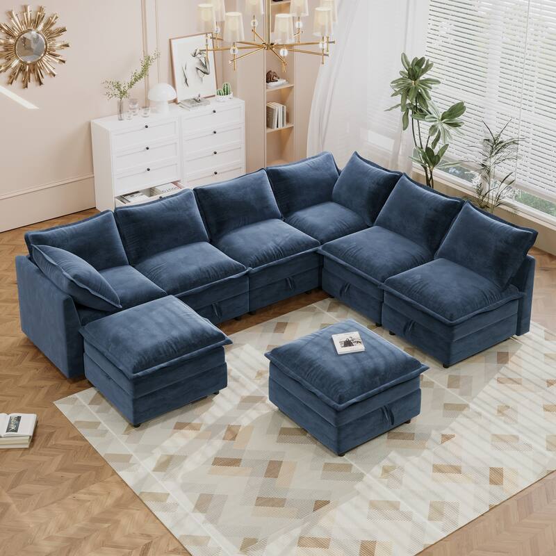 126''W 8-Piece Modular Sofa Bed with Storage,Perfect for Any Living Space - Blue