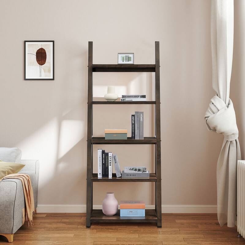 Anmytek Rustic Brown 5-Tier Ladder Shelf Rubber Wood Frame Storage Bookcase for Home Office Living Room Kitchen Bedroom