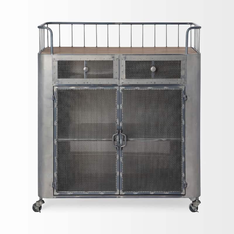 Udo Gray Metal & Brown Wood Top Bar Cart - 16.5L x 35.4W x 40.7H