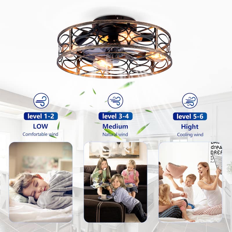 20" Low Profile Caged Ceiling Fans with Lights and Remote, Farmhouse Flush Mount Ceiling Fan with 6 Speeds Reversible Motor