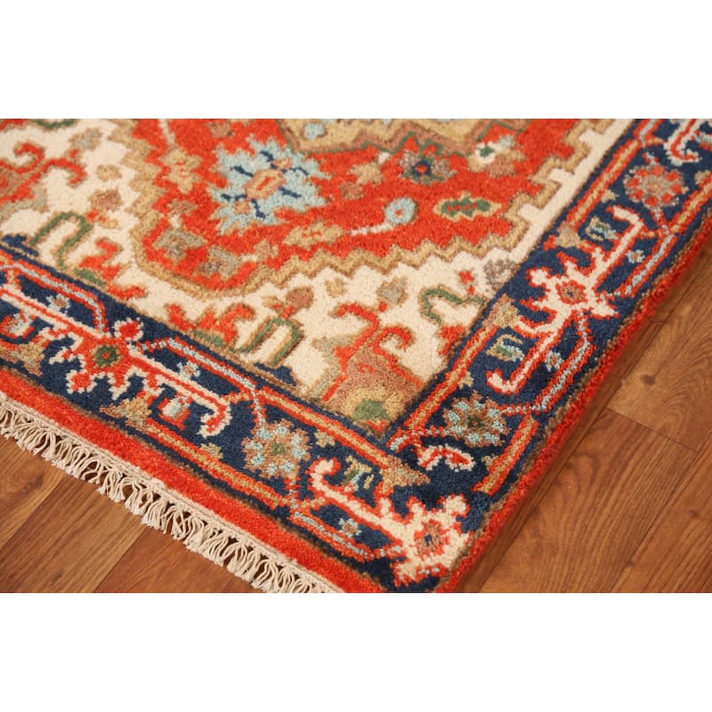 Geometric Heriz Serapi Style Runner Rug Handmade Orange Wool Carpet - 2'6" x 7'10"