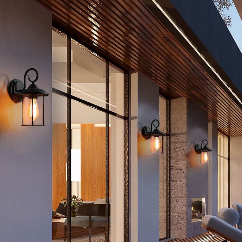 Modern Farmhouse Outdoor Lighting Wall Sconce Black Wall Lantern Glass Shade - Textured Black - L 8" x W 7" x H 12"