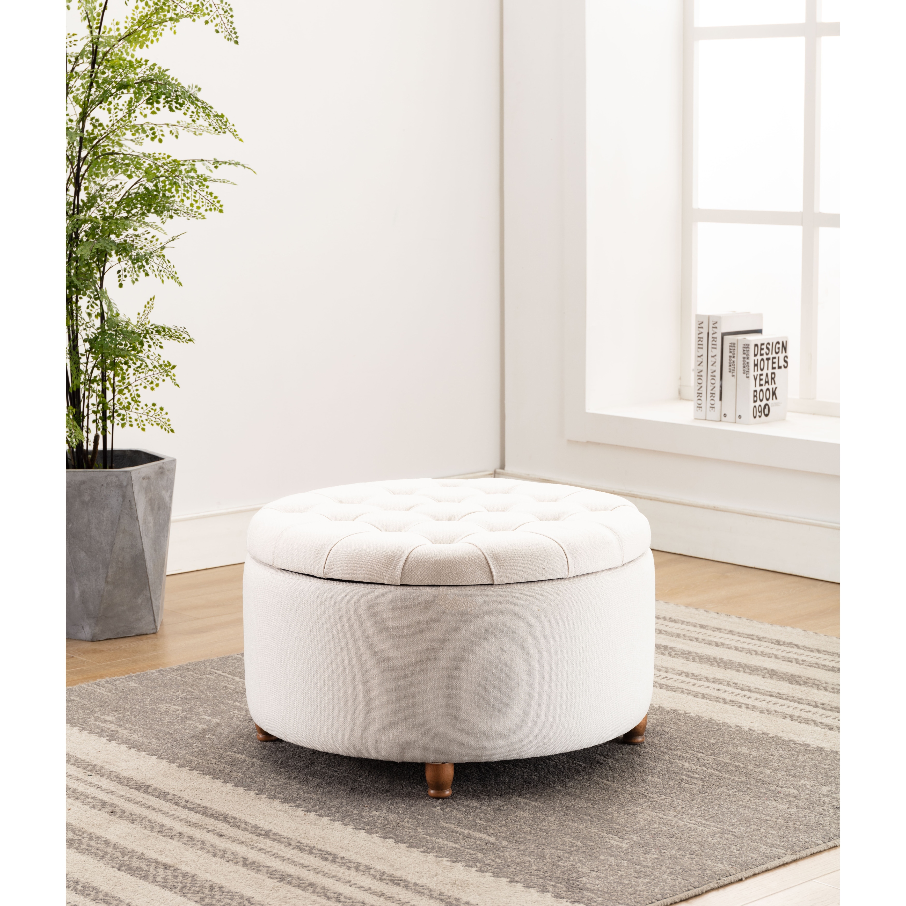 WOVENBYRD Large Round Pintucked Storage Ottoman, Lift off lid