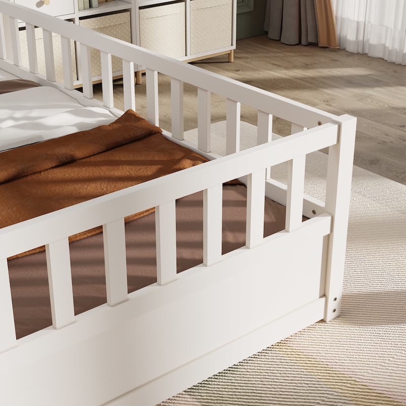 Twin Size Pine Wood Floor Bed, Integral Construction with Super High Security Barrier, Door, Children's Floor Bed Frame
