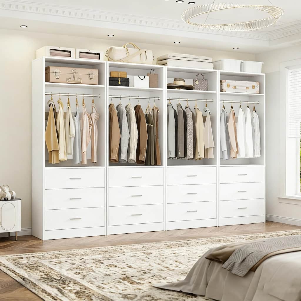 Kyrvo Freestanding Closet System with 3 Wooden Drawers ＆ Hanging Rod ＆ Storage Shelf, Modular Walk-in Closet Organizer Wardrobe