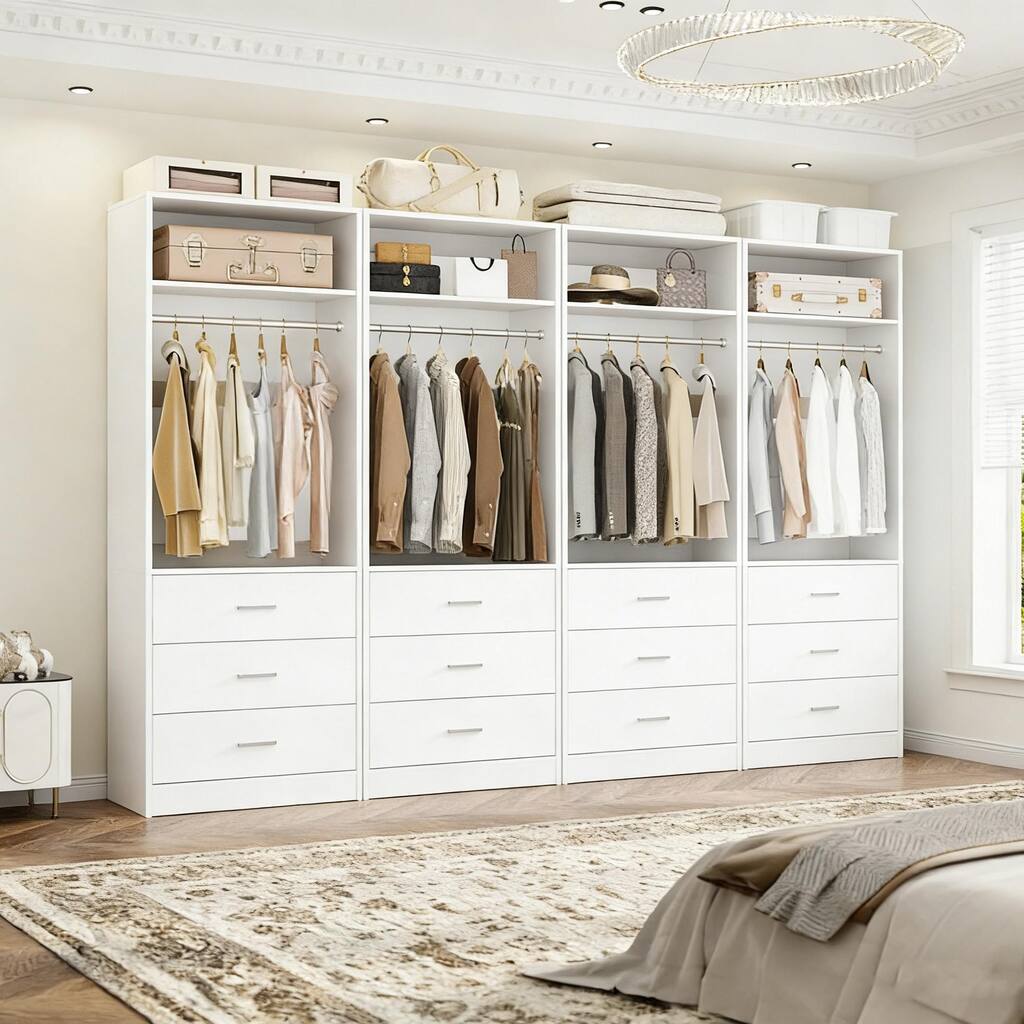 Set of 2 Closet System with Wooden Drawers and Hanging Rods, Closet ...