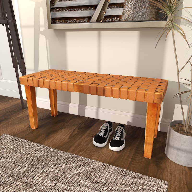 Brown Wood Woven Bench