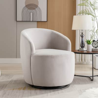 Gray Velvet Modern 25.6" Upholstered Swivel Barrel Chair with Black Powder Coating and Metal Ring