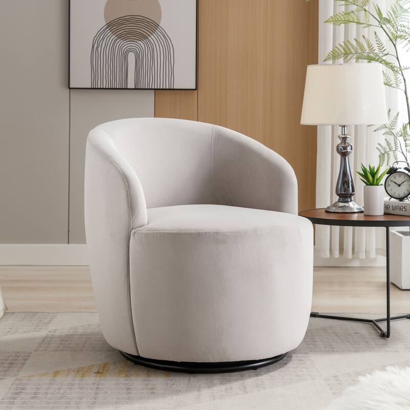 Velvet Swivel Barrel Chair with 360° Black Metal Base - Gray