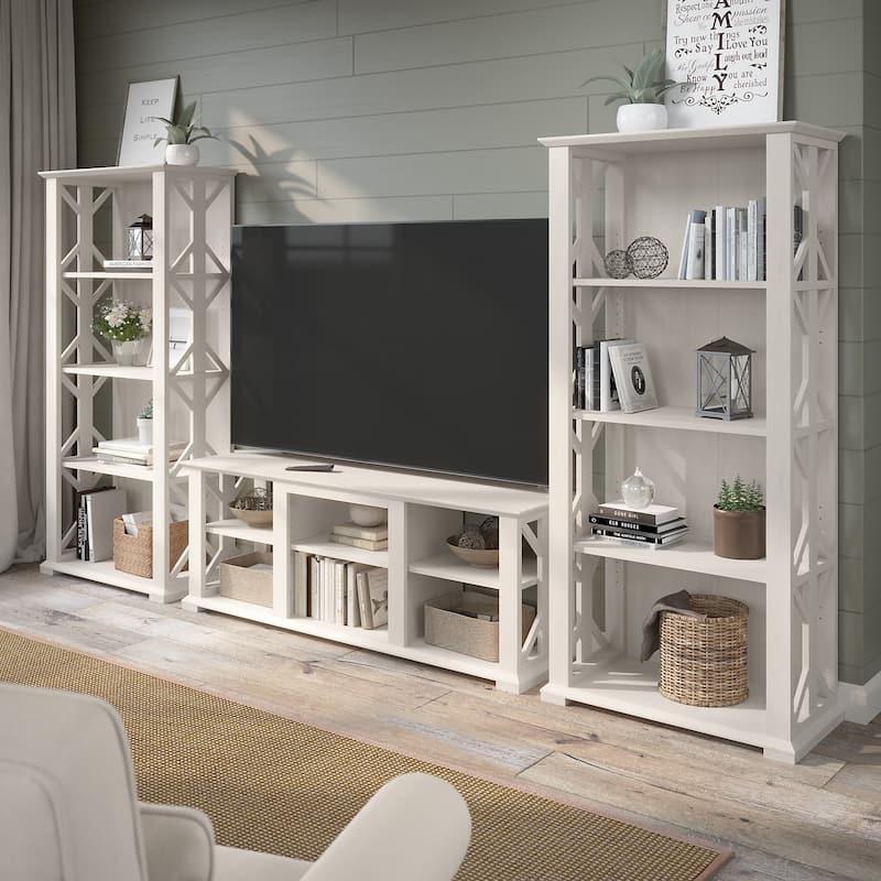 Homestead Farmhouse TV Stand with 4 Shelf Bookcases by Bush Furniture - Linen White Oak