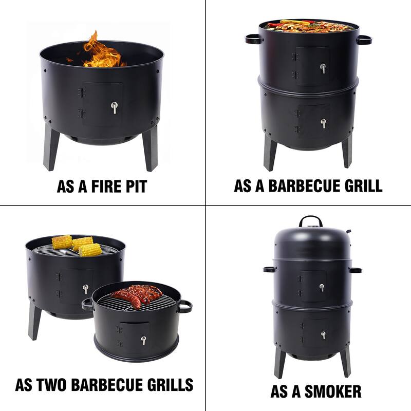 16" Charcoal Smoker Grill, Vertical Portable Design for Camping, Black