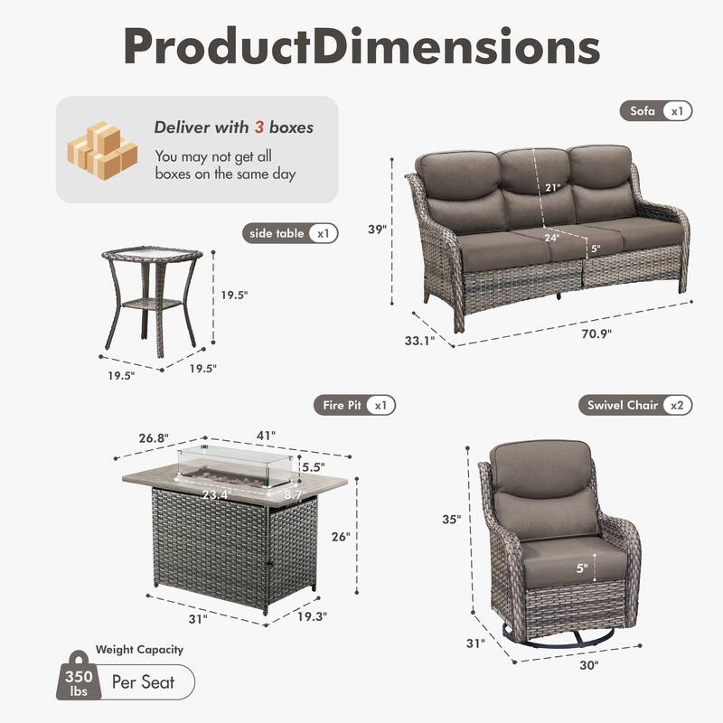 Meyreso 5-Piece Outdoor Patio Wicker Fire Pit Conversation Set with 5-Inch Thick Olefin Cushions