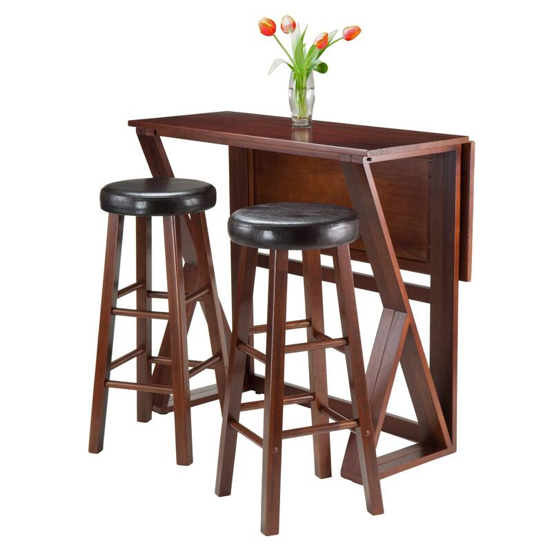 3-Pc Drop Leaf Table with Cushion Seat Bar Stools, Walnut and Espresso