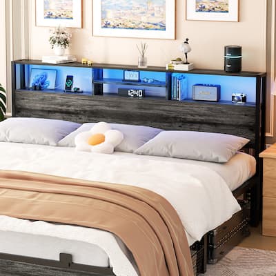 Headboard with Storage and Charge Station, Platform Bed Heaboard with LED Lights
