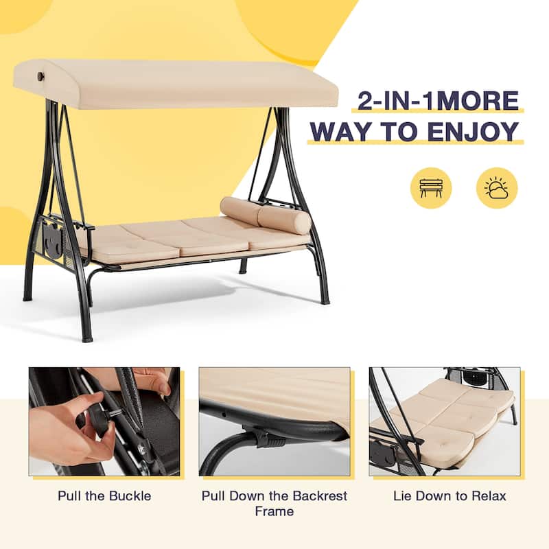 3-Seat Patio Swing with Adjustable Canopy, 750lbs Heavy Duty, Convertible Outdoor Bed, All-Weather, Cup Holders & Thick Cushions