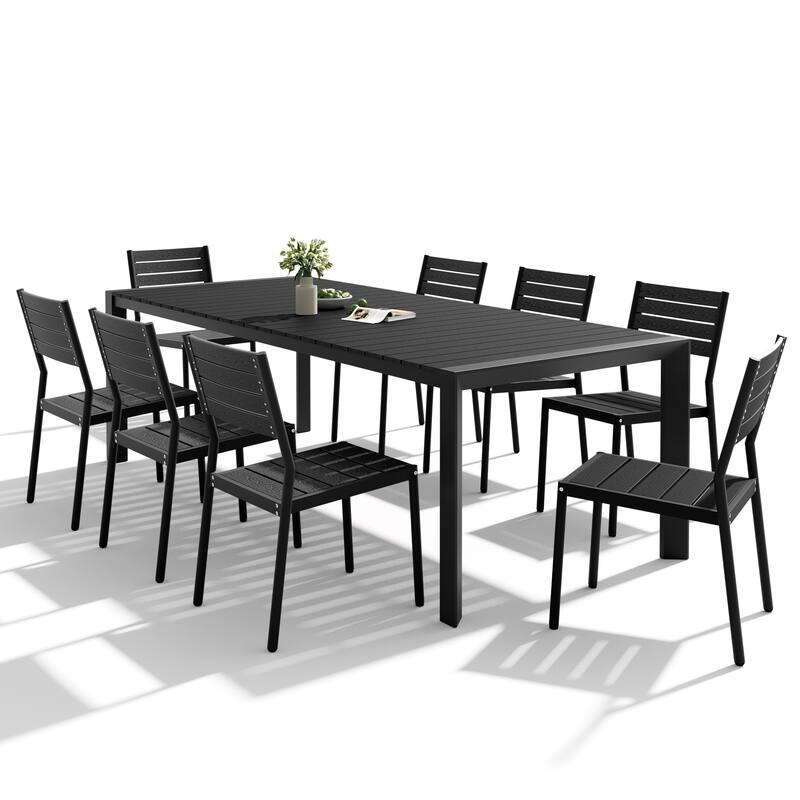 Set of 9 Outdoor Patio Dining Set WoodLike Table Top Aluminum Rectangular Umbrella Hole Table with Stackable Dining Chairs