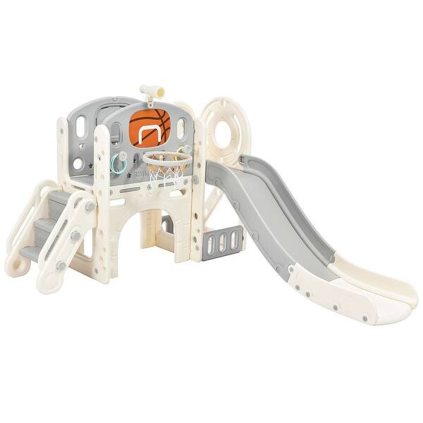 slide 2 of 51, Freestanding Castle Climbing Playset with Slide, Tunnel, Ring Toss, and Basketball Hoop - Toy Storage Organizer for Kids Grey