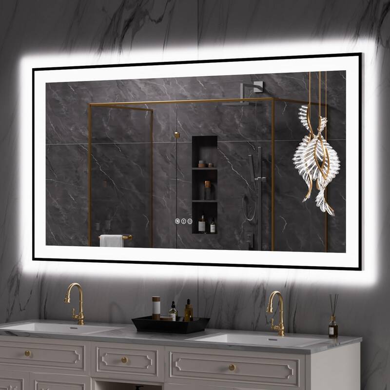 55x30 Smart LED Bathroom Mirror with Anti Fog Dimmable Lighting White Tempered Glass - White