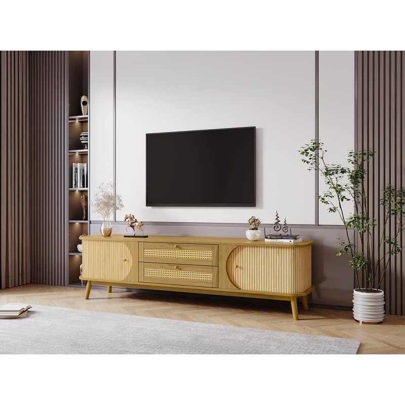 75-inch Rattan TV Stand - Modern Farmhouse Media Console with Solid Wood Legs