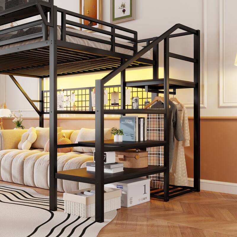 Black High Loft Bed with Wardrobe and Grid Storage for Kids Teens Adults Metal Loft Bed Frame with Light and Stairs