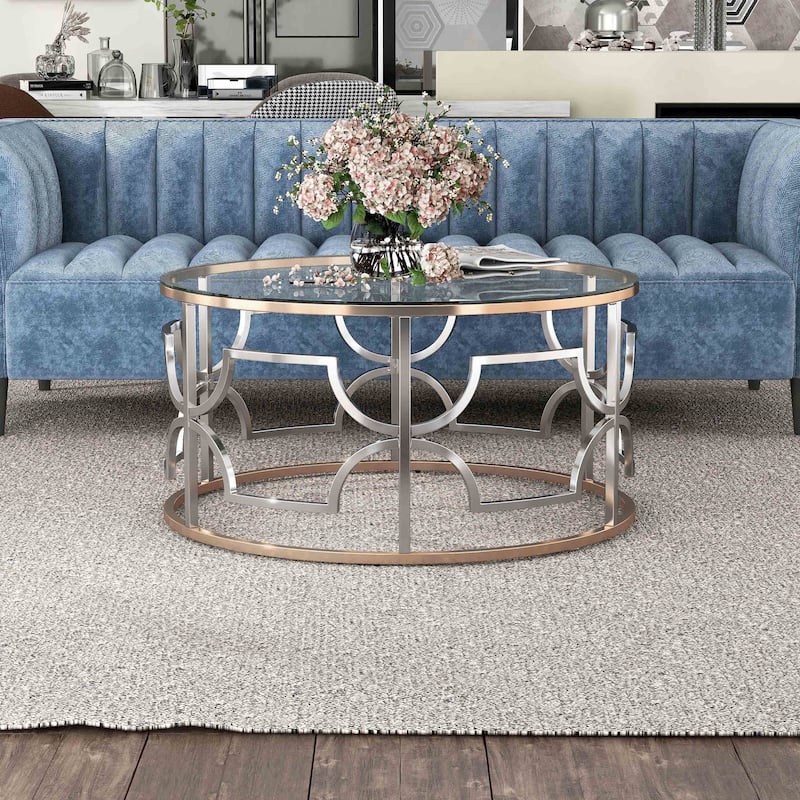 Ders Glam Chrome and Gold Plating Tempered Glass Top 2-Piece Coffee Table Set by Furniture of America