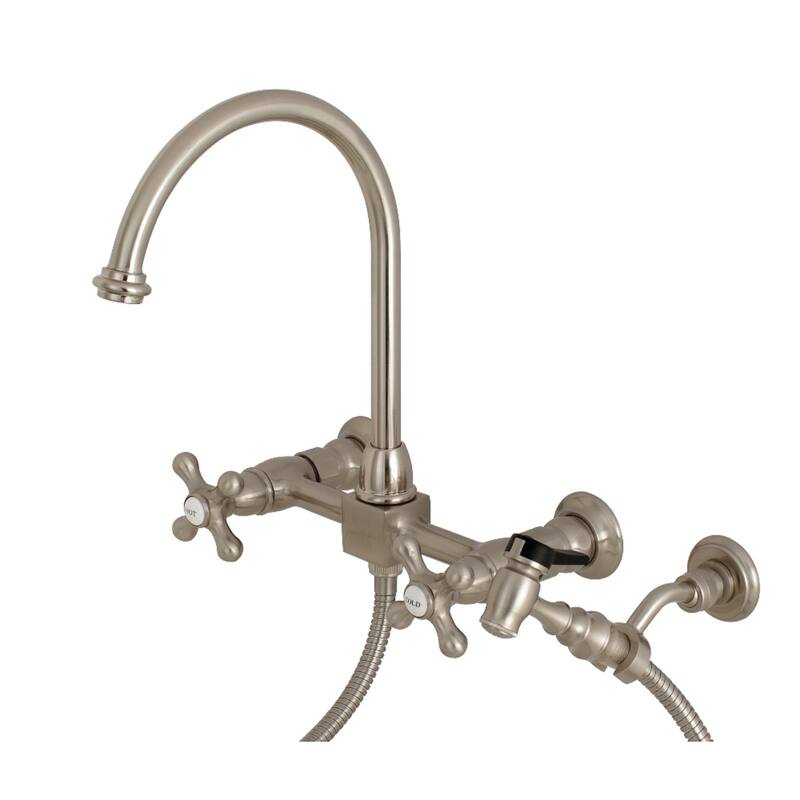 Kingston Brass Restoration Wall Mount Bridge Kitchen Faucet with Brass Sprayer - Brushed Nickel