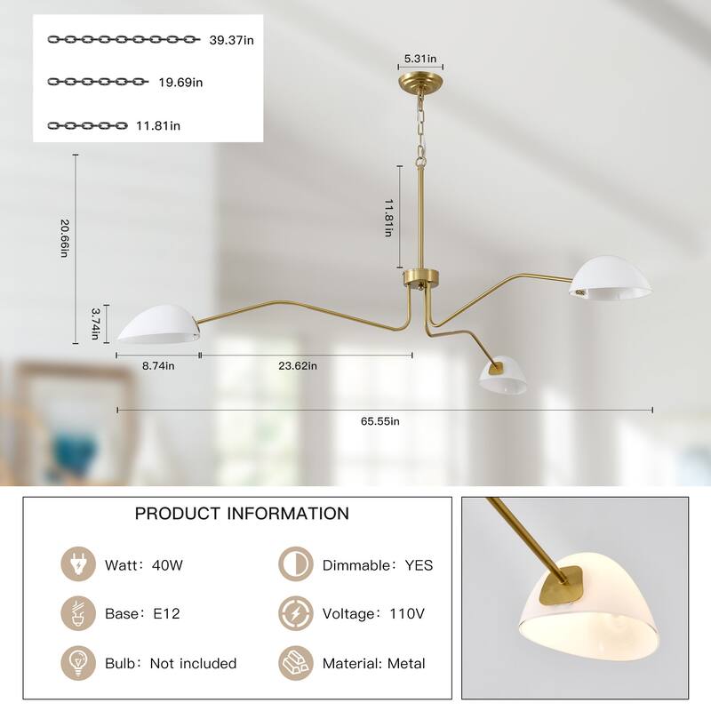 Mid Century Modern Chandelier, White and Gold chandeliers Glass Shade - 3 Light - 65.5x32.48inch