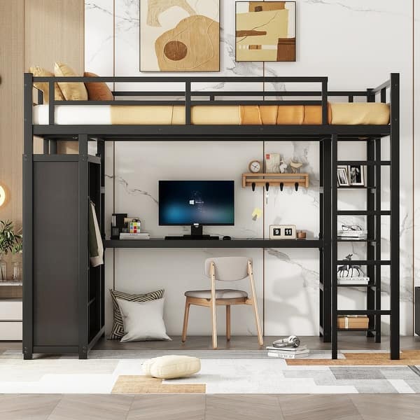 slide 2 of 6, Metal Full Loft Bed with Desk,Shelves,Wardrobe Black - Full