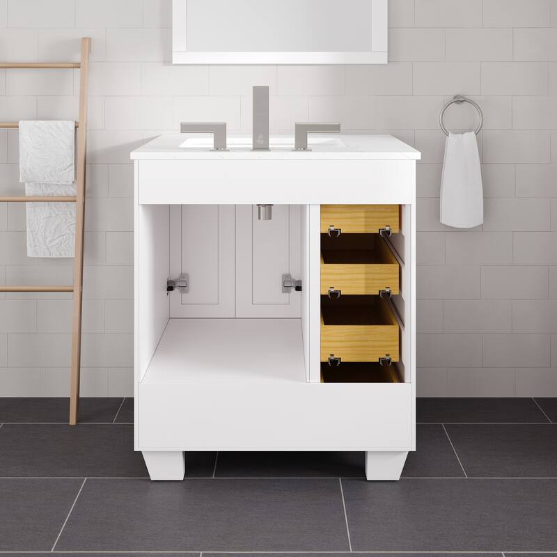 Eviva Acclaim Single Sink Bath Vanity with Carrara Quartz Top and Undermount Porcelain Sink
