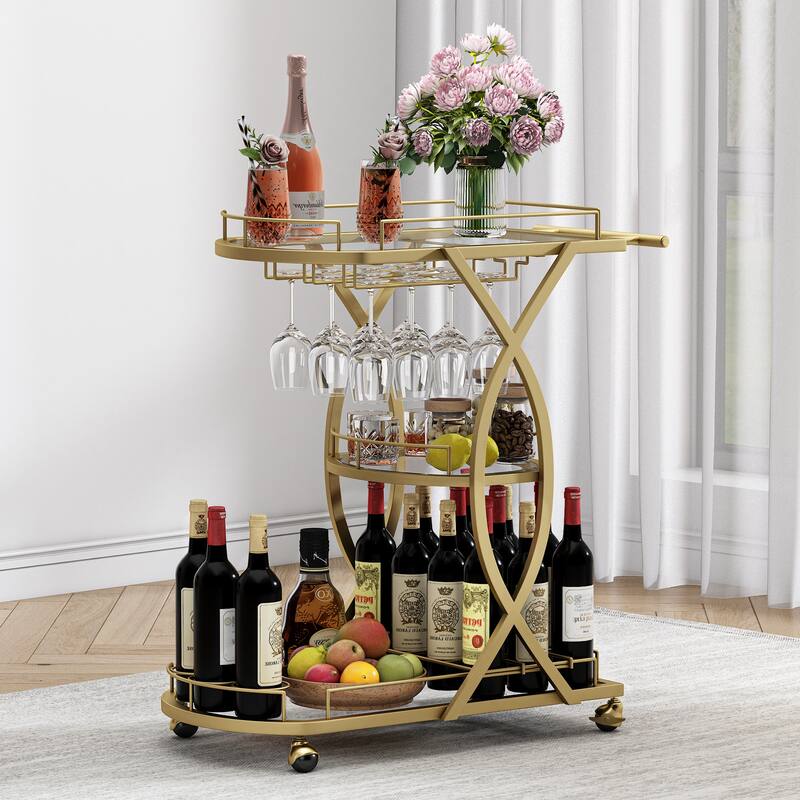 Myhozm Metal Glam Bar Cart with Glass Shelves and Wine Rack