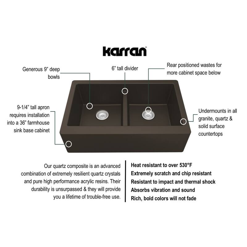 Karran Farmhouse Apron Front Quartz Double Bowl Kitchen Sink Kit