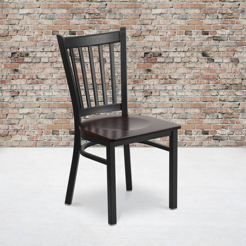 Vertical Back Metal Restaurant Chair - 17"W x 20.25"D x 34.25"H - walnut wood seat/black metal frame